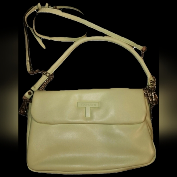 Tahari light green crossbody shoulder bag faux leather with logo accent - Picture 1 of 17